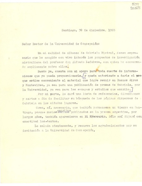 [Carta] 1965 dic. 30, Santiago, [Chile] [al] Señor rector de la Universidad de Concepción