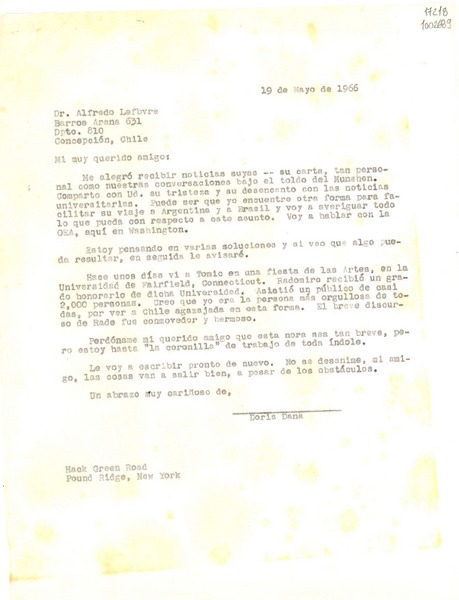 [Carta] 1966 mayo 19, Pound Ridge, New York, [Estados Unidos] [a] Alfredo Lefebvre, Concepción, Chile