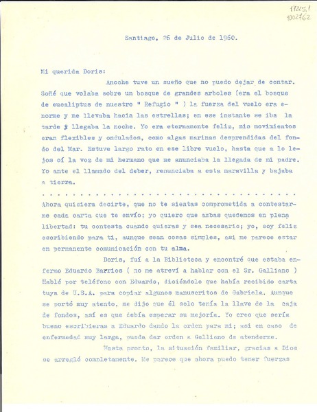 [Carta] 1960 jul. 26, Santiago [a] Doris Dana