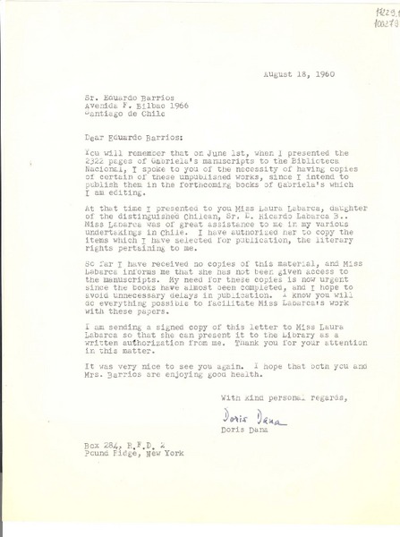 [Carta] 1960 Aug. 18, Pound Ridge, New York [a] Eduardo Barrios, Santiago de Chile