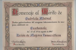 [Diploma] 1947 ago. 27, Guatemala [a] Gabriela Mistral