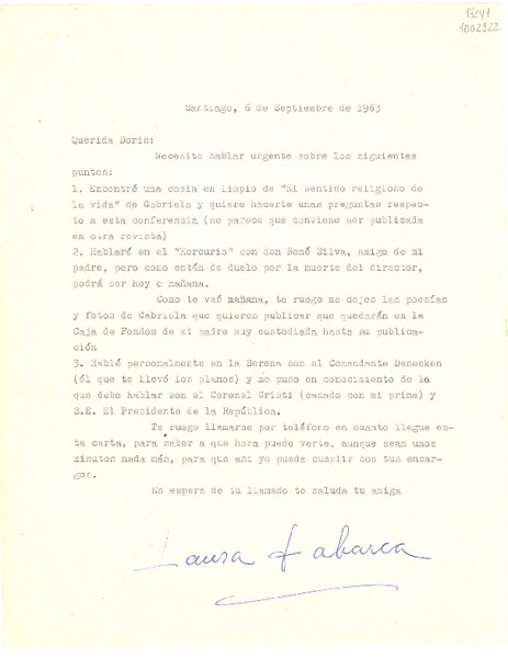 [Carta] 1963 sept. 6, Santiago [a] Doris Dana