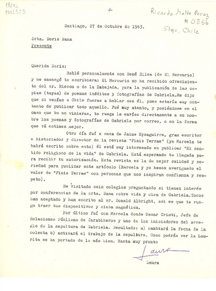 [Carta] 1963 oct. 27, Santiago [a] Doris Dana
