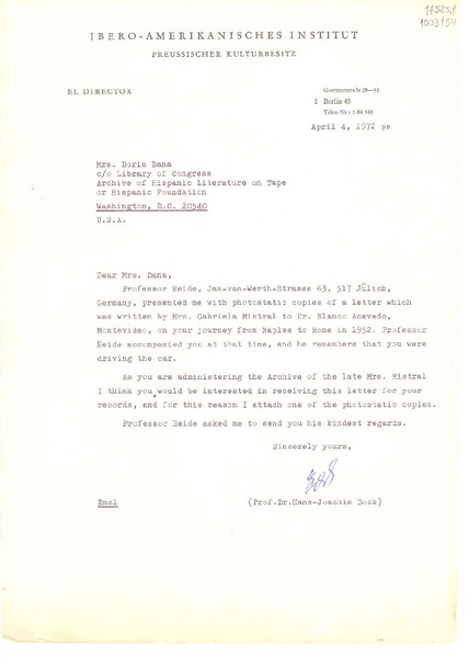 [Carta] 1972 Apr. 4, Berlin, Alemania [a] Doris Dana, Washington D. C.