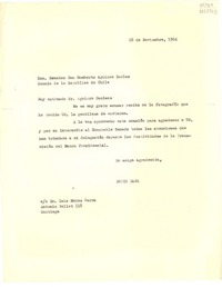 [Carta] 1964 nov. 18, Santiago [al] senador Humberto Aguirre Doolan, Senado de la República de Chile