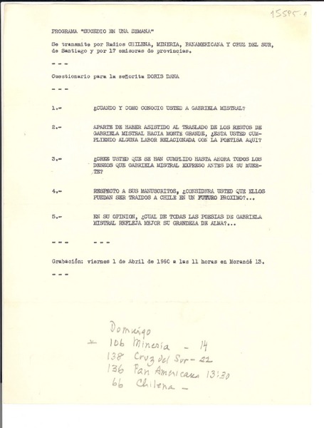 [Tarjeta] 1960, Santiago, Chile [a] Doris Dana