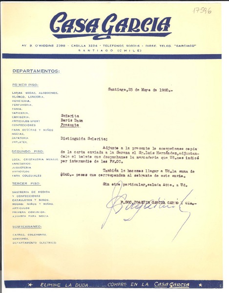 [Carta] 1960, may. 25, Santiago, Chile [a] Doris Dana