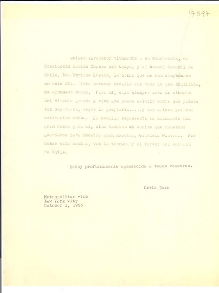 [Carta] 1955 oct. 1, N.Y., [EE.UU.] [a] Presidente Carlos Ibáñez del Campo