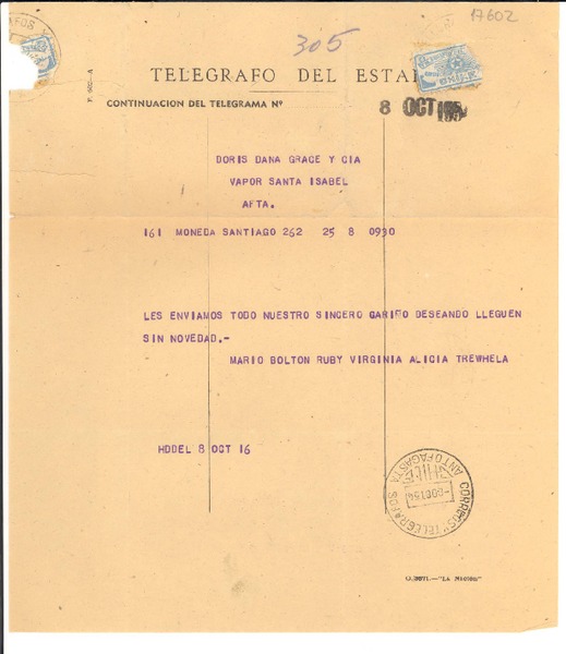 [Telegrama] 1954 oct. 8, Santiago, Chile [a] Doris Dana, Vapor Santa Isabel