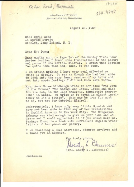[Carta] 1957 Aug. 30, New York [a] Doris Dana, Long Island, New York
