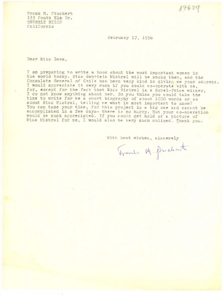 [Carta] 1956 feb. 17, Beverly Hill, California [a] Doris Dana