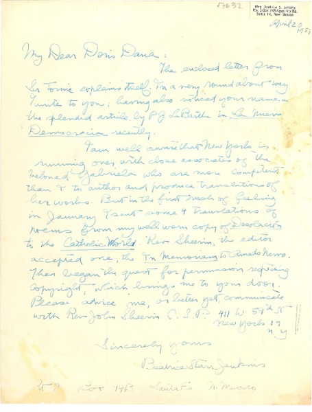 [Carta] 1957 abr. 20, Santa Fe, New México [a] Doris Dana