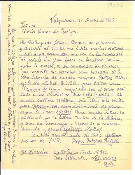 [Carta] 1957 mar. 21, Valparaíso, Chile [a] Doris Dana