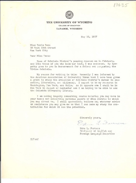 [Carta] 1957 may. 22, Laramie, Wyoming [a] Doris Dana, N.Y.