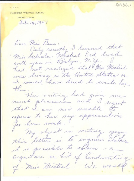 [Carta] 1957 feb. 14, Everett, Massachusetts [a] Doris Dana