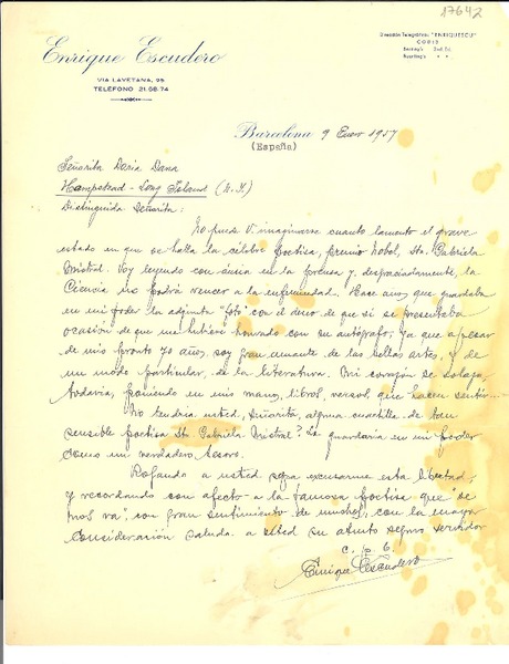 [Carta] 1957 ene. 9, Barcelona, España [a] Doris Dana, Long Island, N.Y.