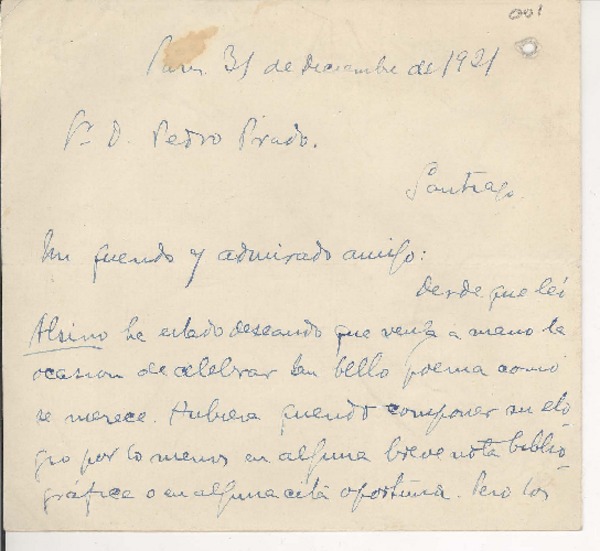 [Carta] 1921 diciembre 31, Paris, Francia [a] Pedro Prado, Santiago, Chile