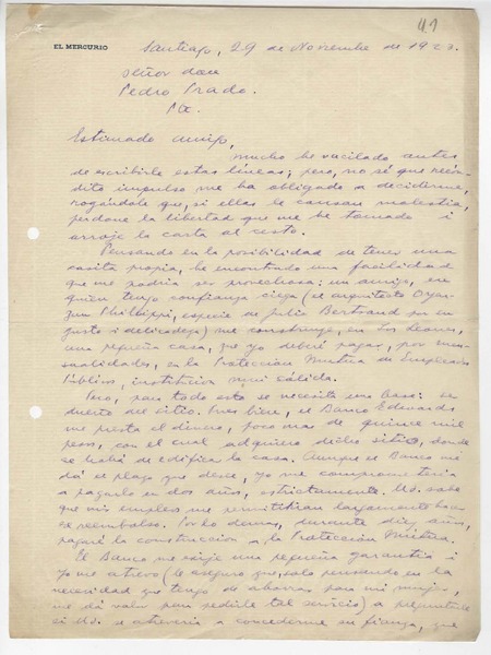 [Carta] 1923 nov. 29, Santiago, Chile [a] Pedro Prado