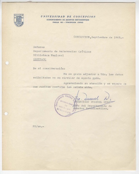 [Carta] 1968 septiembre, Concepción, Chile [a] Biblioteca Nacional de Chile