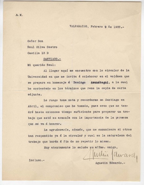 [Carta] 1935 feb. 9, Valparaíso, Chile [a] Raúl Silva Castro