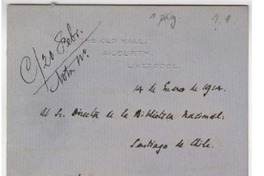 [Carta] 1914 ene. 14, Liverpool, Inglaterra [al] Director de la Biblioteca Nacional de Chile