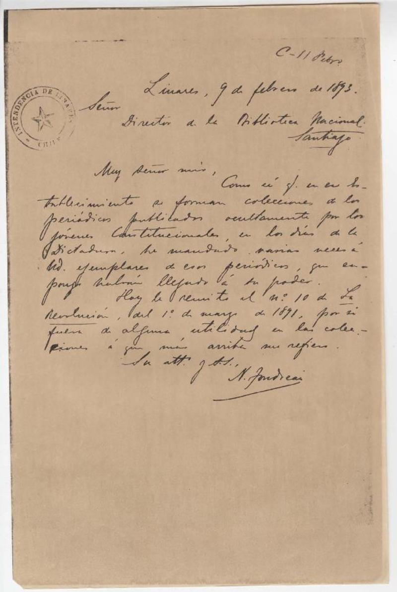 [Carta] 1893 feb. 9, Linares, Chile [a] Biblioteca Nacional de Chile
