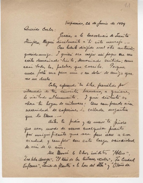 [Carta] 1929 jun. 26, Valparaíso, Chile [a] Carlos Cassasus.