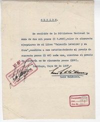 [Recibo] 1937 may. 28, Santiago, Chile [a] Biblioteca Nacional.