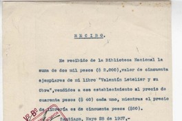 [Recibo] 1937 may. 28, Santiago, Chile [a] Biblioteca Nacional.