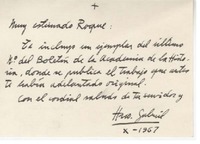 [Tarjeta] 1967 octubre, Santiago, Chile [a] Roque Esteban Scarpa