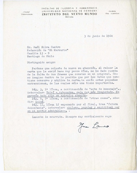 [Carta] 1964 junio 3, Córdoba, Argentina [a] Raúl Silva Castro
