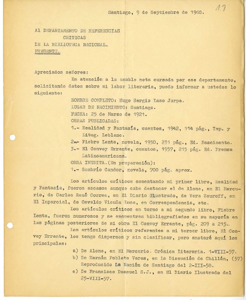 [Carta] 1968 septiembre 9, Santiago, Chile [a] Biblioteca Nacional de Chile