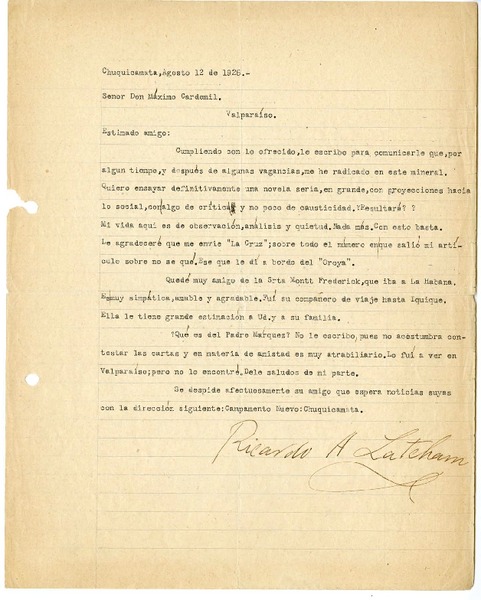 [Carta] 1925 agosto 12, Chuquicamata, Chile [a] Máximo Cardemil