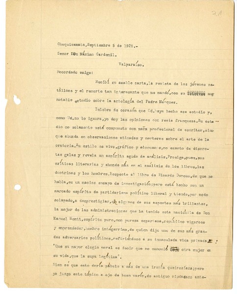 [Carta] 1925 septiembre 5, Chuquicamata, Chile [a] Máximo Cardemil
