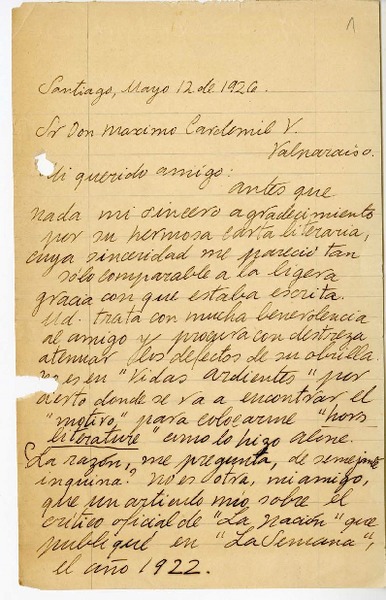 [Carta] 1926 mayo 12, Santiago, Chile [a] Máximo Cardemil