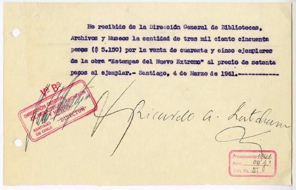 [Recibo] 1941 marzo 4, Santiago, Chile [a] Biblioteca Nacional de Chile