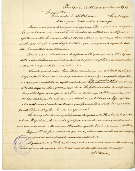 [Carta] 1910 diciembre 18, Quilpué, Chile [a] Ricardo E. Latcham.