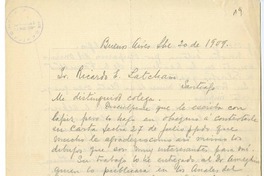 [Carta] 1909 septiembre 20, Buenos Aires, Argentina [a] Ricardo E. Latcham.