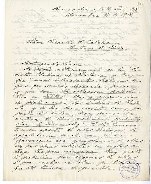 [Carta] 1918 noviembre 21, Buenos Aires, Argentina [a] Ricardo E. Latcham.