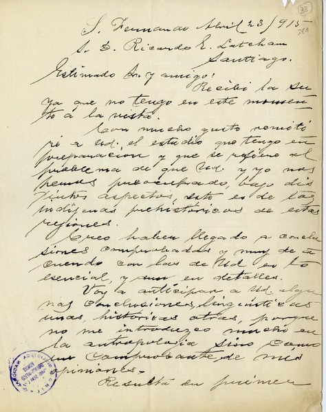 [Carta] 1915 abril 23, San Fernando, Chile [a] Ricardo Latcham.