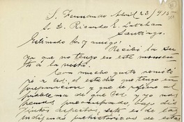 [Carta] 1915 abril 23, San Fernando, Chile [a] Ricardo Latcham.
