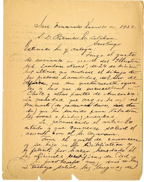 [Carta] 1922 enero 30, San Fernando, Chile [a] Ricardo Latcham.