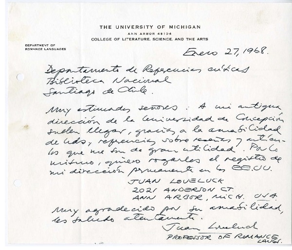 [Carta] 1968 enero 27, Michigan [a] Biblioteca Nacional de Chile
