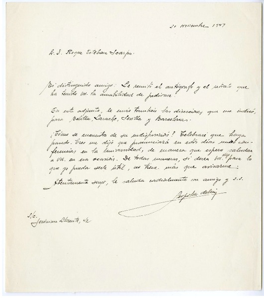 [Carta] 1947 noviembre 30, Madrid, España [a] Roque Esteban Scarpa