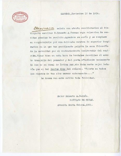 [Carta] 1914 noviembre 12, Buenos Aires, Argentina [a] Ernesto A. Guzmán.
