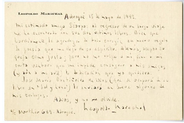 [Carta] 1942 mayo 15, Adrogué, Argentina [a] Roque Esteban Scarpa
