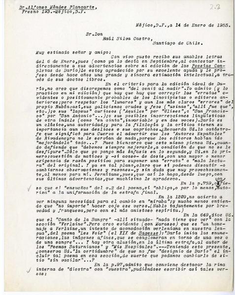 [Carta] 1955 enero 14, México, D.F. [a] Raúl Silva Castro
