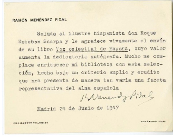 [Tarjeta] 1947 mayo 24, Madrid, España [a] Roque Esteban Scarpa