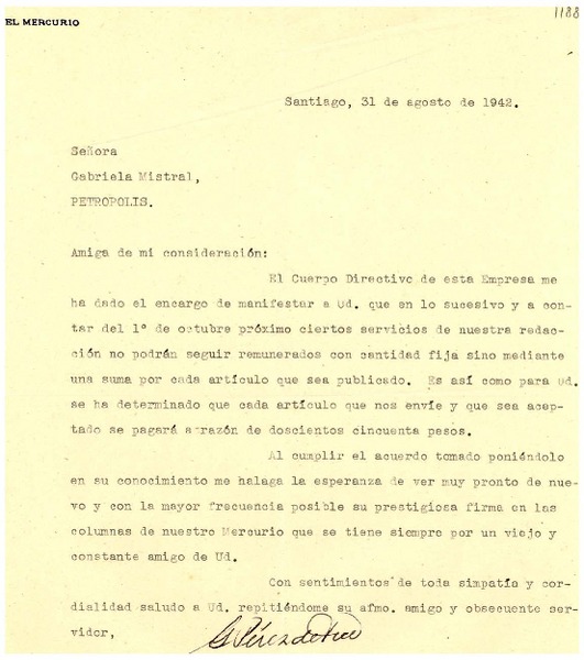 [Carta] 1942 ago. 31, Santiago, [Chile] [a] Gabriela Mistral, Petrópolis, [Brasil]