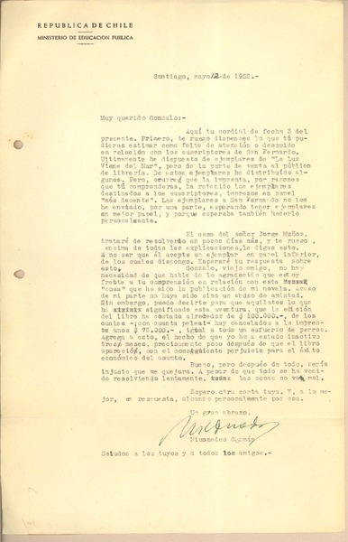 [Carta] 1952 may. 11, Santiago, Chile [a] Gonzalo Drago
